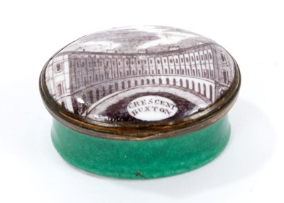 Lot 688 - A South Staffordshire enamel patch box 'Buxton Crescent', circa 1810