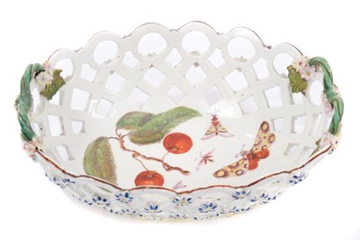 Lot 43 - Derby pierced oval basket, painted in 'Moth Painter' style