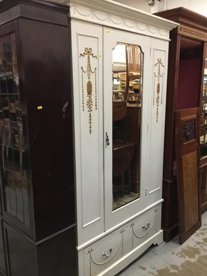 Lot 1005 - Edwardian white and gilt painted single wardrobe with drawer and matching dressing chest (2)