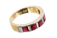 Lot 704 - Ruby and diamond ring, the half hoop with five...