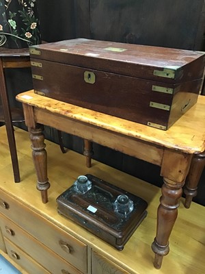 Lot 152 - Wooden writing slope with brass bindings and wooden inkwell desk tidy