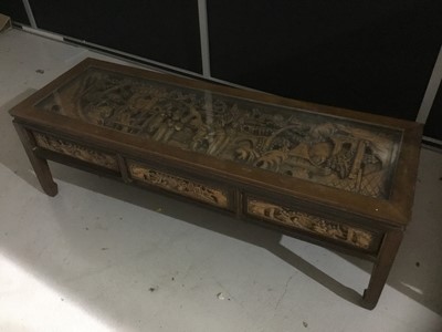 Lot 1133 - Chinese carved wooden coffee table with glazed top