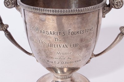 Lot 294 - George V Irish silver trophy cup of inverted bell form with twin scroll handles with engraved inscription 'St Margaret's Folkstone', raised on pedestal foot, (Dublin 1913