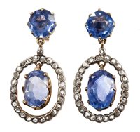 Lot 708 - Pair sapphire and diamond earrings, each with...