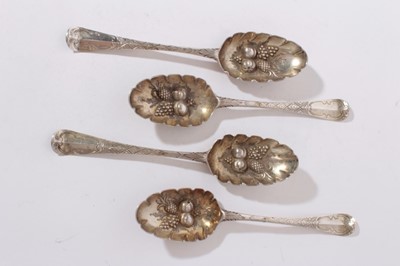 Lot 303 - Set of four George II Hanoverian silver table spoons, later converted to 'berry spoons' (London 1736), all at 6.5oz