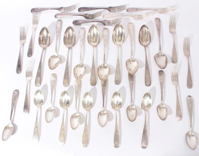 Lot 290 - 19th Century American silver canteen of Old English Pattern cutlery with engraved foliate and scroll decoration, by A.E. Warner of Baltimore, Maryland, comprising 12 dinner forks, 12 desert spoon