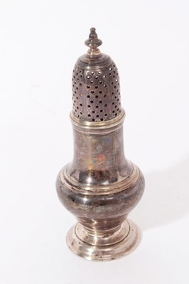 Lot 296 - George II silver pepperette of baluster form with pierced slip in cover, on domed pedestal foot, (London 1756), all at 3oz, 13cm in height