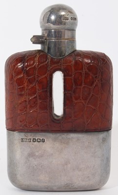 Lot 292 - George V silver mounted glass hip flask with crocodile leather covering, domed hinged cover with bayonet fitting and detachable cup with gilded interior (Sheffield 1923)
