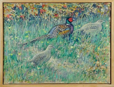 Lot 253 - Peter Partington, contemporary, signed oil on canvas - Pheasants in a landscape