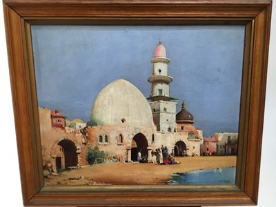 Lot 63 - J. W. Shaw, oil on board - Mosques of old Tunisia, signed and dated 1954, in gilt frames