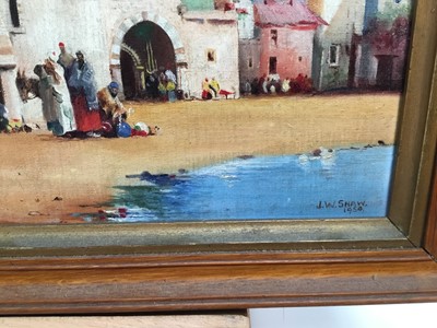 Lot 170 - J. W. Shaw, oil on board - Mosques of old Tunisia, signed and dated 1954, in gilt frames