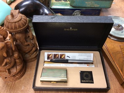 Lot 414 - Wall barometer, wooden otter ornaments, old tins, leather map and sundries