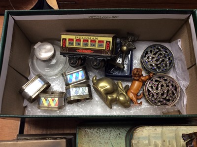 Lot 414 - Wall barometer, wooden otter ornaments, old tins, leather map and sundries