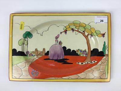 Lot 26 - Clarice Cliff Royal Staffordshire The Biarritz Applique rectangular plate decorated with a lady in purple dress