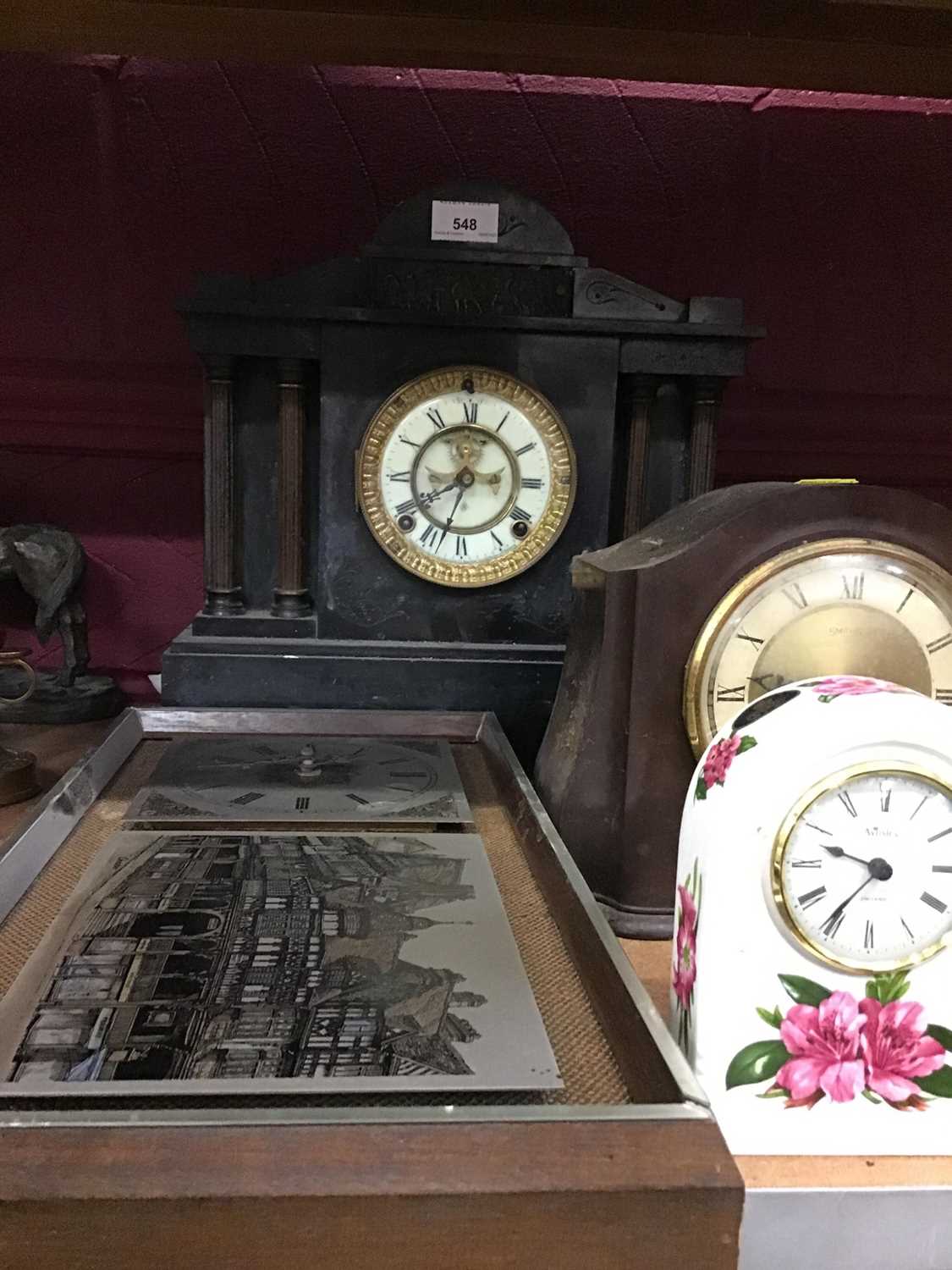 Lot 548 - Victorian slate mantel clock with column decoration and three other clocks