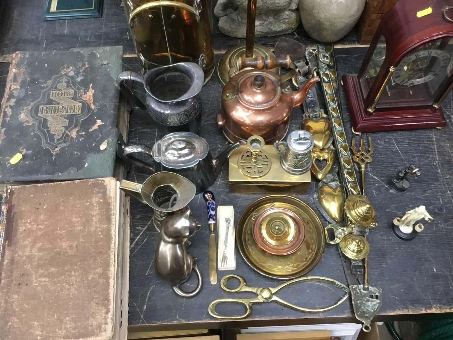 Lot 172 - Collection of metalwares, Victorian bible, clock, sundry other items