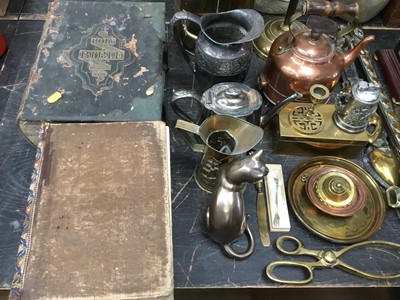 Lot 172 - Collection of metalwares, Victorian bible, clock, sundry other items