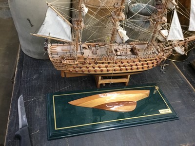 Lot 173 - Half model of a boat, stoneware jars and wooden boxes