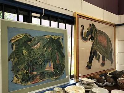 Lot 145 - Two watercolours on fabric depicting an elephant and another