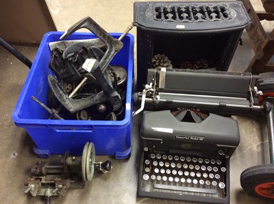 Lot 383 - Black metal Belling heater, vintage typewriter, metal shoe trees and other metal items