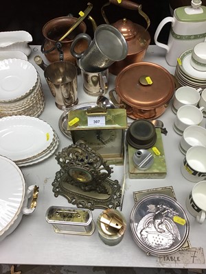 Lot 307 - Selection of various brass and metal ware, to include copper kettle, Onyx clock and sundries