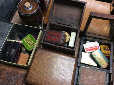 Lot 436 - Collection wooden boxes, old leather jewellery boxes, vintage tins etc