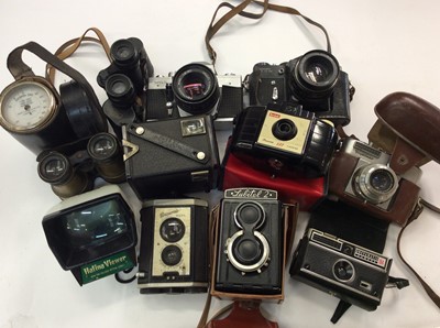 Lot 856 - Pair Carl Zeiss Jena binoculars, vintage cameras including Zenit, Praktica, others, tripods and accessories