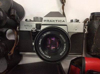 Lot 856 - Pair Carl Zeiss Jena binoculars, vintage cameras including Zenit, Praktica, others, tripods and accessories