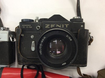 Lot 856 - Pair Carl Zeiss Jena binoculars, vintage cameras including Zenit, Praktica, others, tripods and accessories