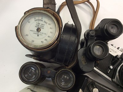 Lot 856 - Pair Carl Zeiss Jena binoculars, vintage cameras including Zenit, Praktica, others, tripods and accessories