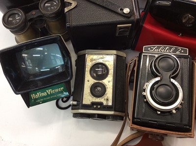 Lot 856 - Pair Carl Zeiss Jena binoculars, vintage cameras including Zenit, Praktica, others, tripods and accessories