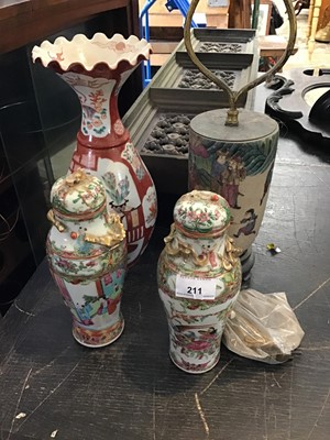 Lot 211 - Pair of 19th century Chinese Canton famille rose vases, a 19th century Chinese crackle glaze lamp, and a Kutani vase