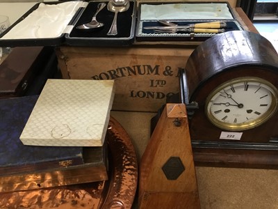 Lot 222 - 19th century French mantel clock in walnut case, various boxed cutlery, copper tray, metronome and sundries