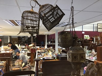 Lot 214 - Two brass bird cages and two Eastern brass lanterns