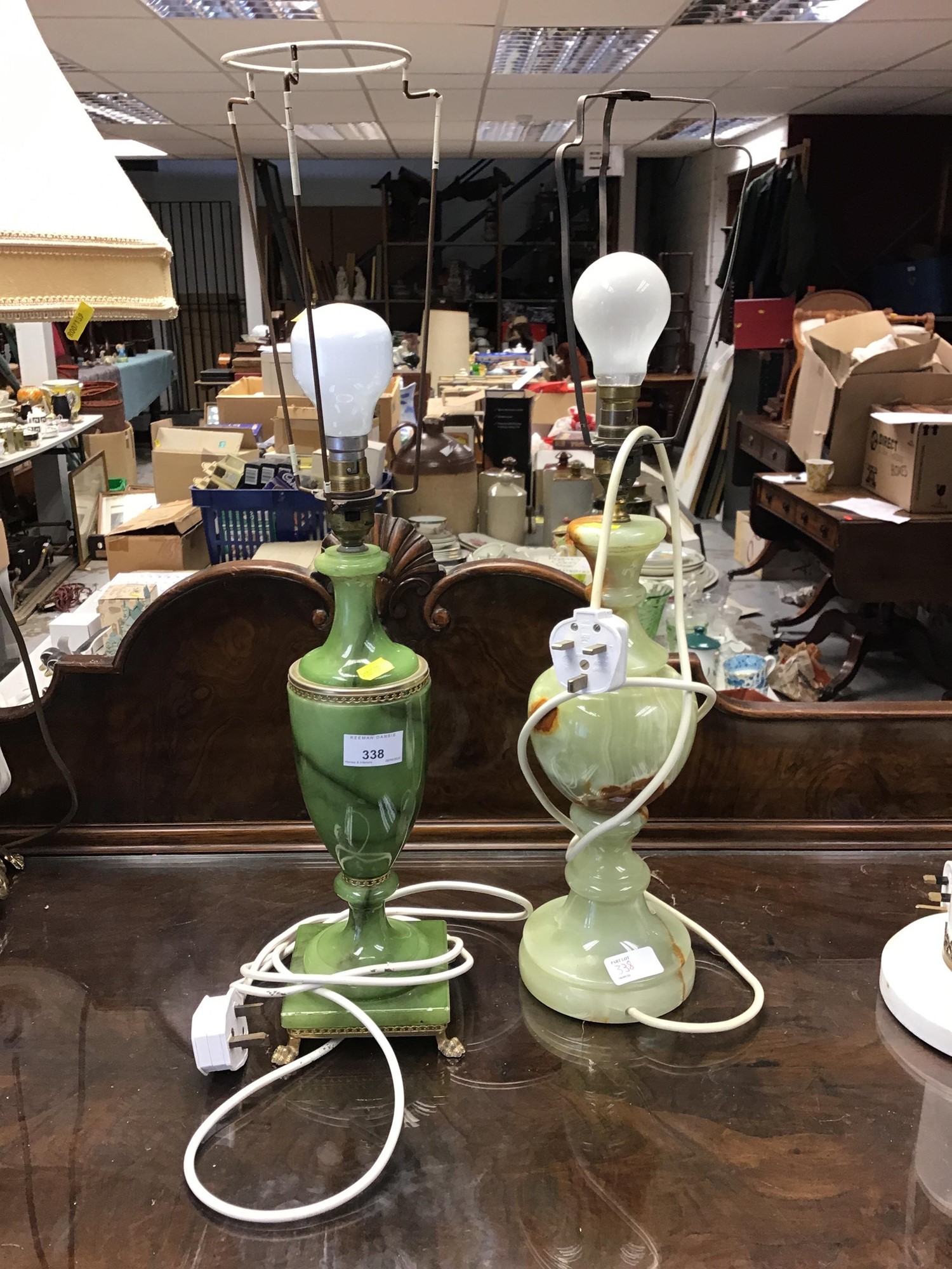 Lot 338 Two green onyx table lamps