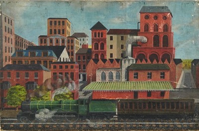 Lot 1033 - English School, second quarter 20th century, oil on canvas laid down onto board - Industrial surrealist townscape