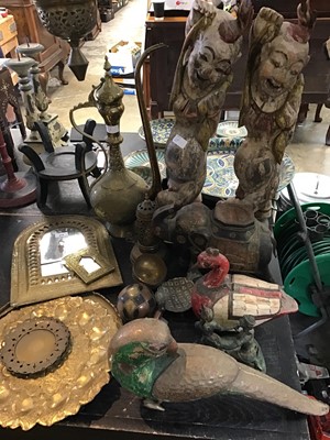 Lot 216 - Collection of Eastern items, including brassware and a large pair of carved wooden figures