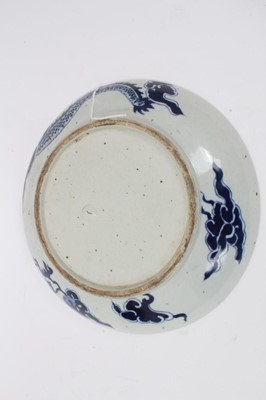 Lot 100 - Antique Chinese blue and white dish painted with a dragon