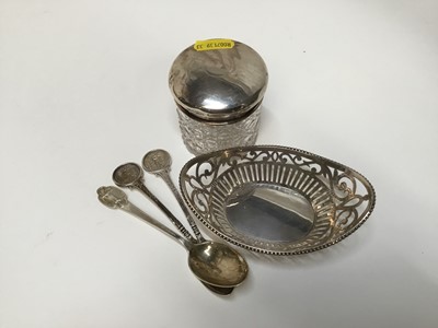 Lot 300 - Silver bon bon dish, silver topped cut glass jar and three silver golf related teaspoons