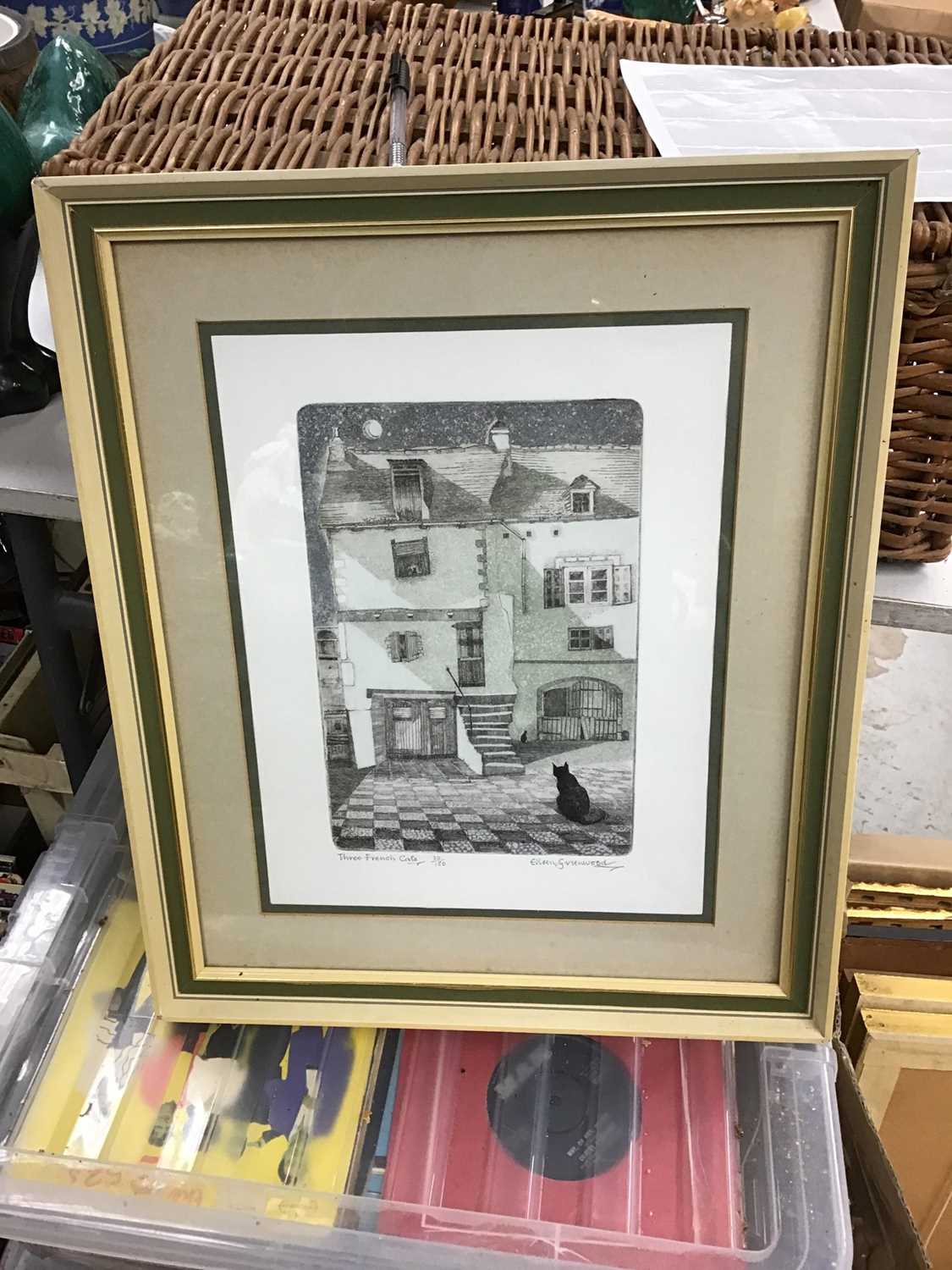Lot 360 - Three French Cats 30/150, Eileen Greenwood engraving, L.S. Lowry photographic print, together with other paintings and prints