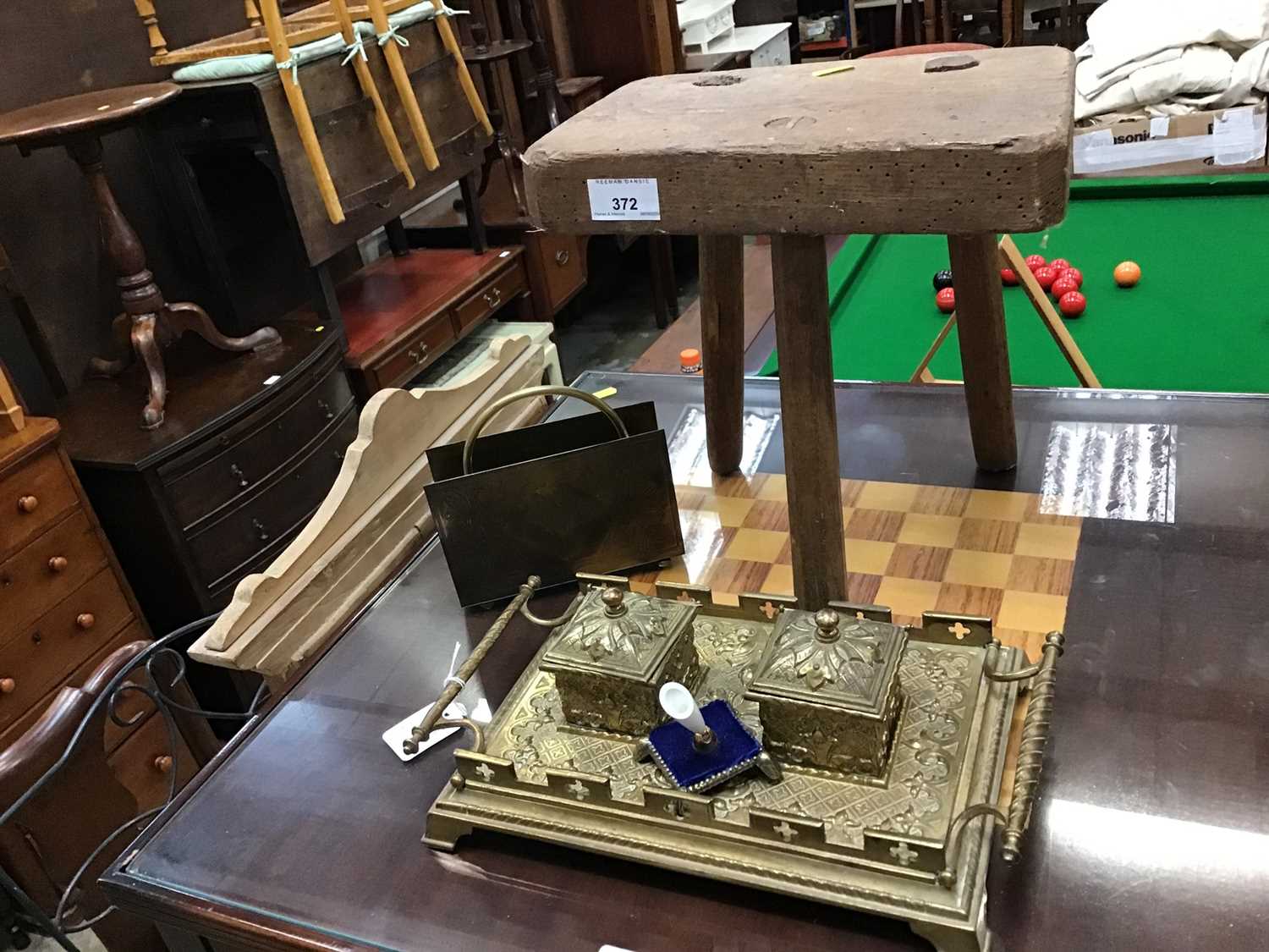 Lot 372 - Old milking stool together with a decorative brass inkstand