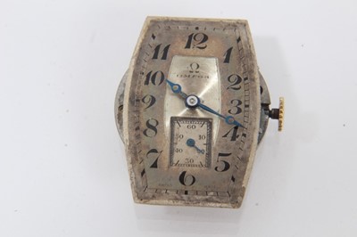 Lot 615 - 1920s mid-size Omega 18ct gold wristwatch with tonneau shape gold case, import hallmarks for Edinburgh 1928, on brown leather strap