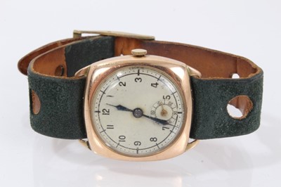 Lot 614 - 1930s 9ct gold wristwatch with Ditis movement in cushion shape 9ct gold case London 1939, on leather strap