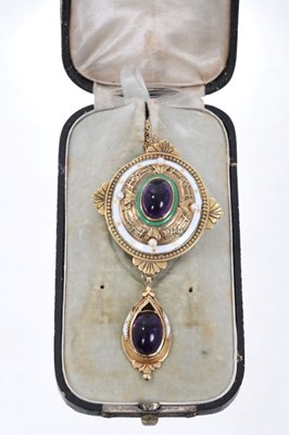 Lot 560 - Victorian style gold enamel and cabochon amethyst pendant brooch