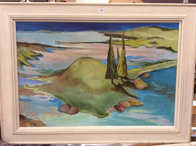 Lot 257 - Oil on canvas - abstract landscape in white painted frame