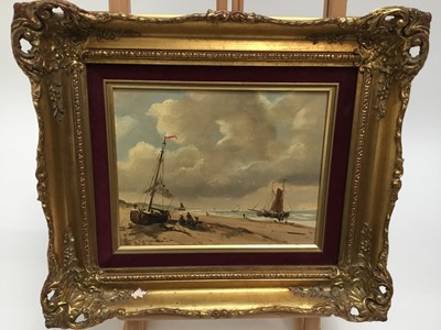 Lot 184 - Rudolf Henrik Oldeman, 20th century oil on panel - fishing boats on the shore, signed, in gilt frame, 19cm x 24cm