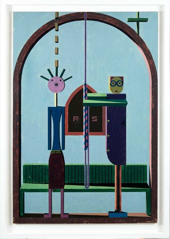 Lot 1158 - Ron Sims (1944-2014) oil on board - Bell Ringers, 1966