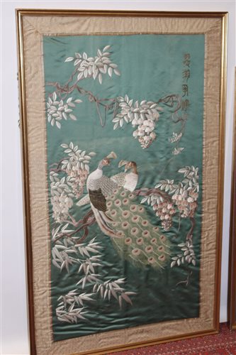 Lot 3096 - Large embroidered Chinese silk panel, pair of...