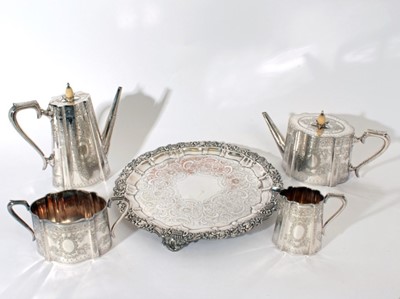 Lot 263 - Good quality Victorian silver plated four piece teaset with engraved floral and foliate decoration, maker Walker & Hall, together with an ornate silver plated salver of circular form