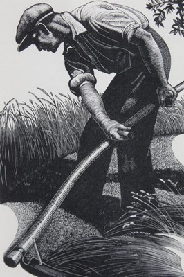 Lot 74 - Clare Leighton - agricultural labourer using a scythe from ‘Four Hedges’, black and white woodcut, in glazed frame, 19cm x 13cm